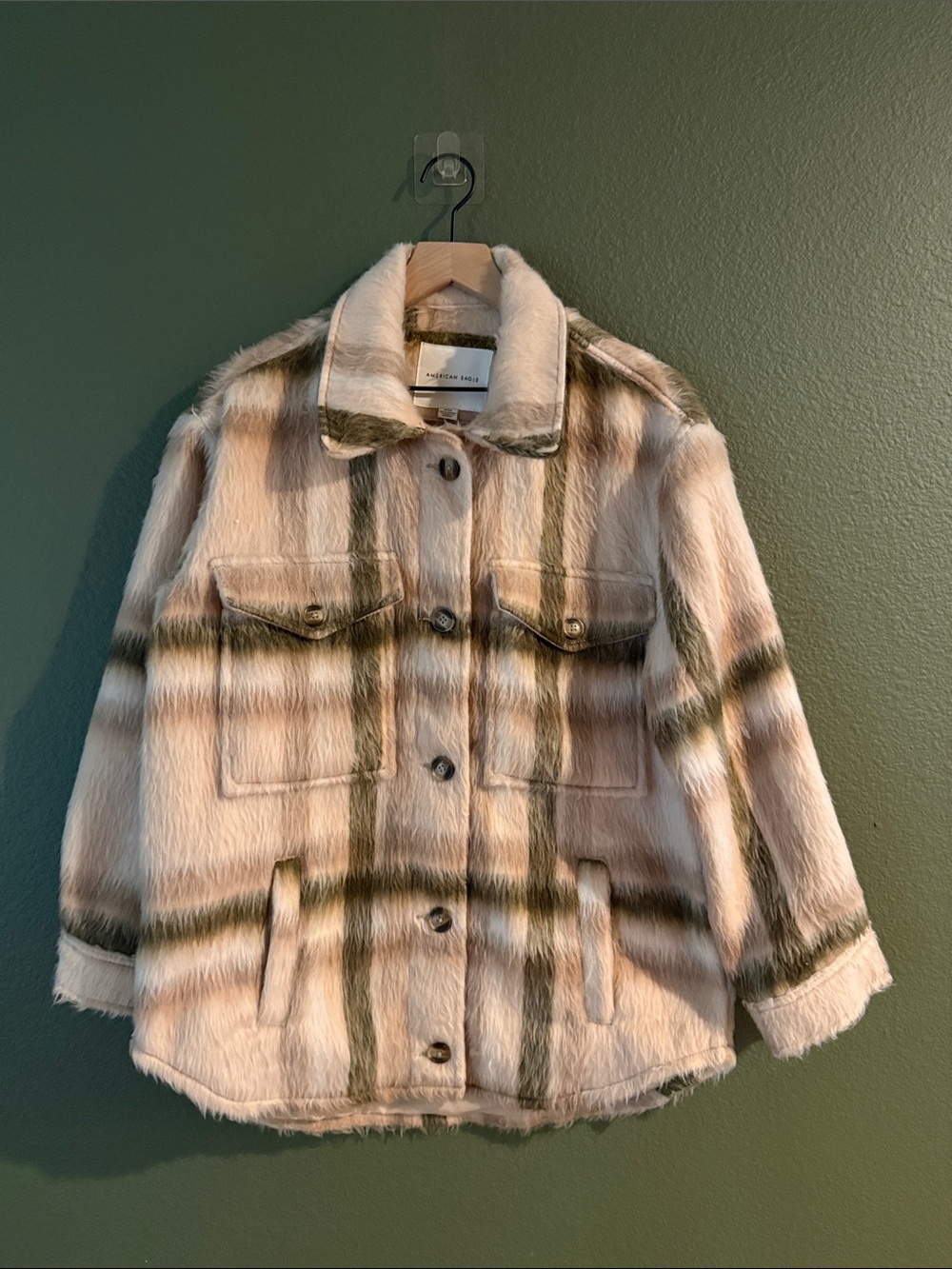 NWOT American Eagle Outfitters Fuzzy Soft Plaid Jacket with Olive Stripes Sz S